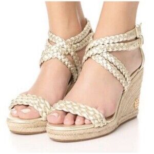 TORY BURCH Bailey Metallic Leather Espadrille Wedge Platform shiny 8.5
